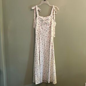 Hujoin Cream and Floral Sleeveless Tie Maxi Sundress  Size S